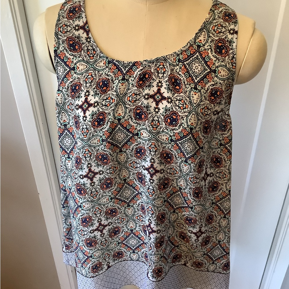 ARTISAN NY, Blue, Tank top, White, Orange Geometric. Side XL